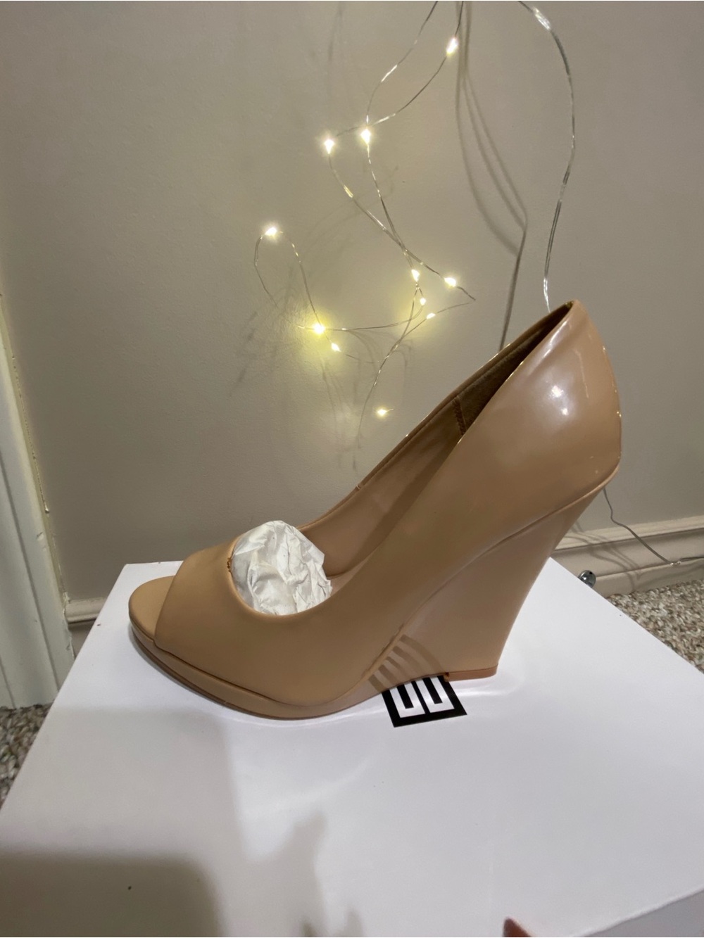 Signature Nude Patent Peep-Toe Wedge Heels